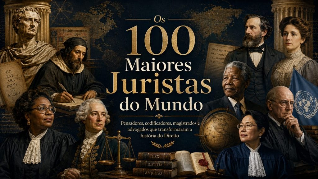 Grandes juristas da história reunidos com livros, balança da Justiça, tribunais e mapa-múndi ao fundo.