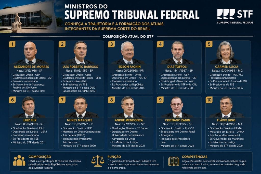 Os 10 atuais ministros do Supremo Tribunal Federal - STF
